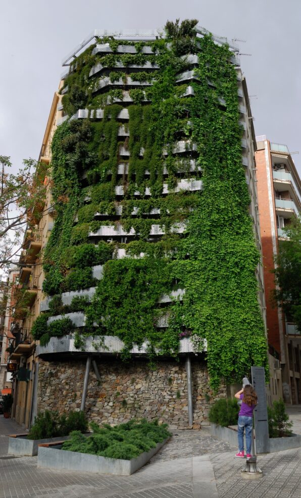 Jardí Tarradellas, exemple pioner de jardí vertical aplicat a manteniment municipal mitjançant contenidors suspesos.